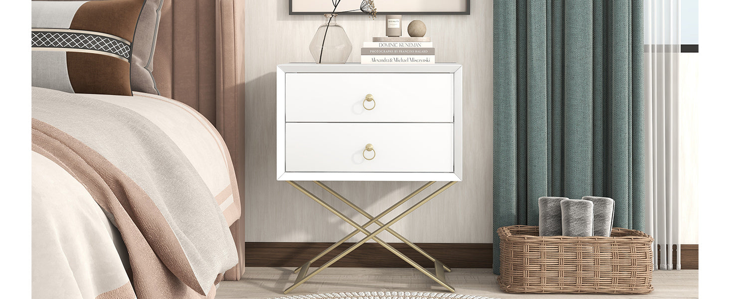 Nightstand with 2 Drawers & Golden Handle，Storage Bedside Table - White