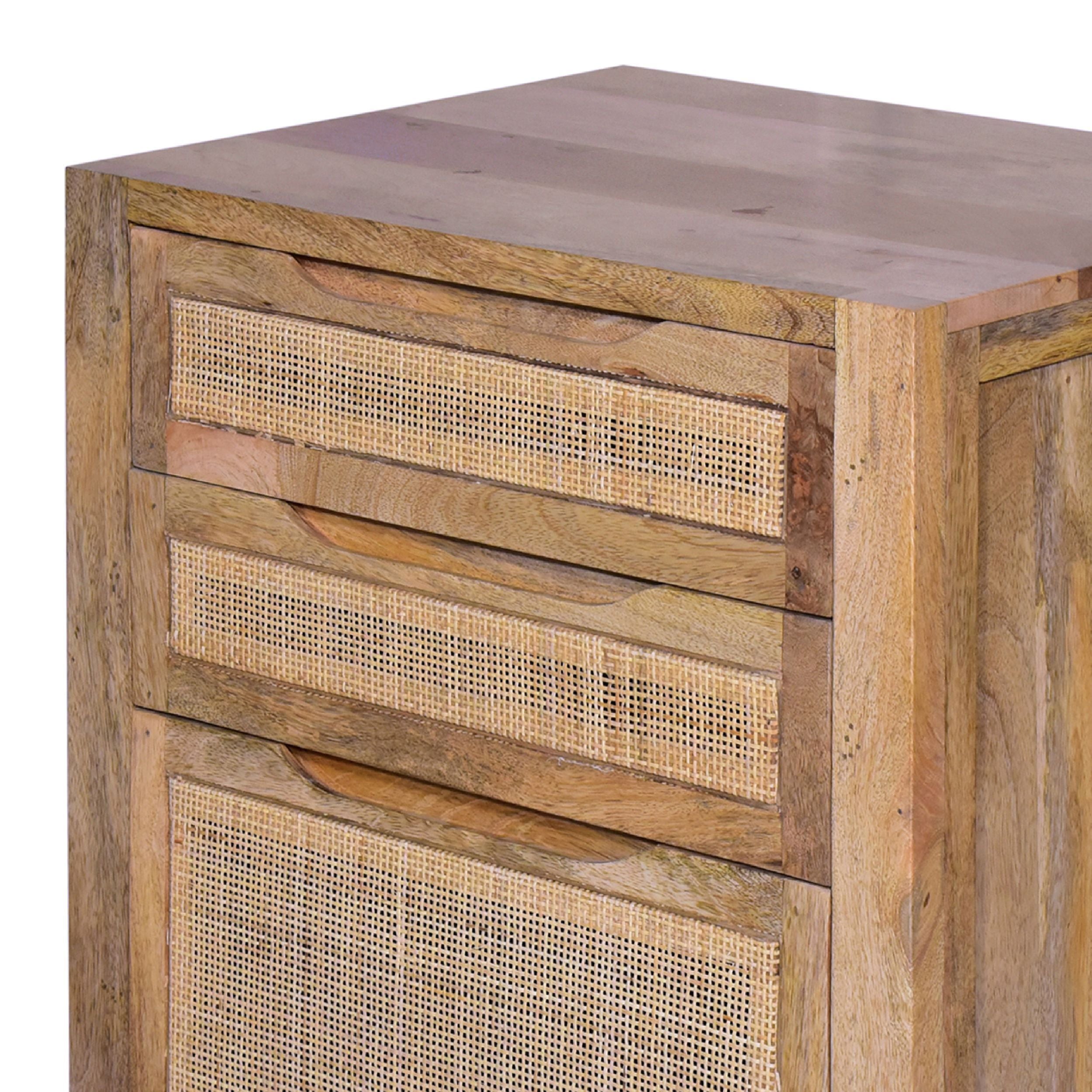 31 Inch Cottage Mango Wood Storage Cabinet Table, Cane Rattan Panels, 3 Drawers - Natural Brown
