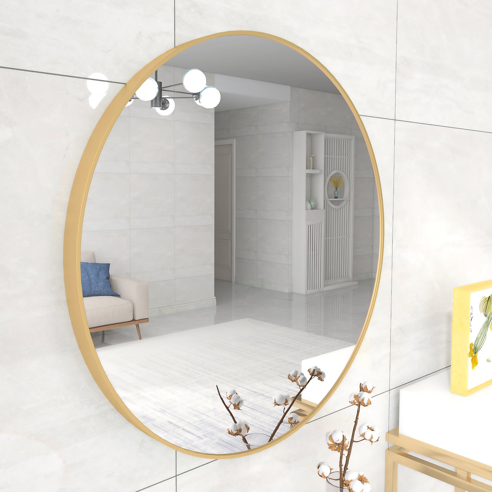 MAICOSY 27.5" Large Gold Round Wall Mounted Mirror Vanity Bedroom Bathroom Decor