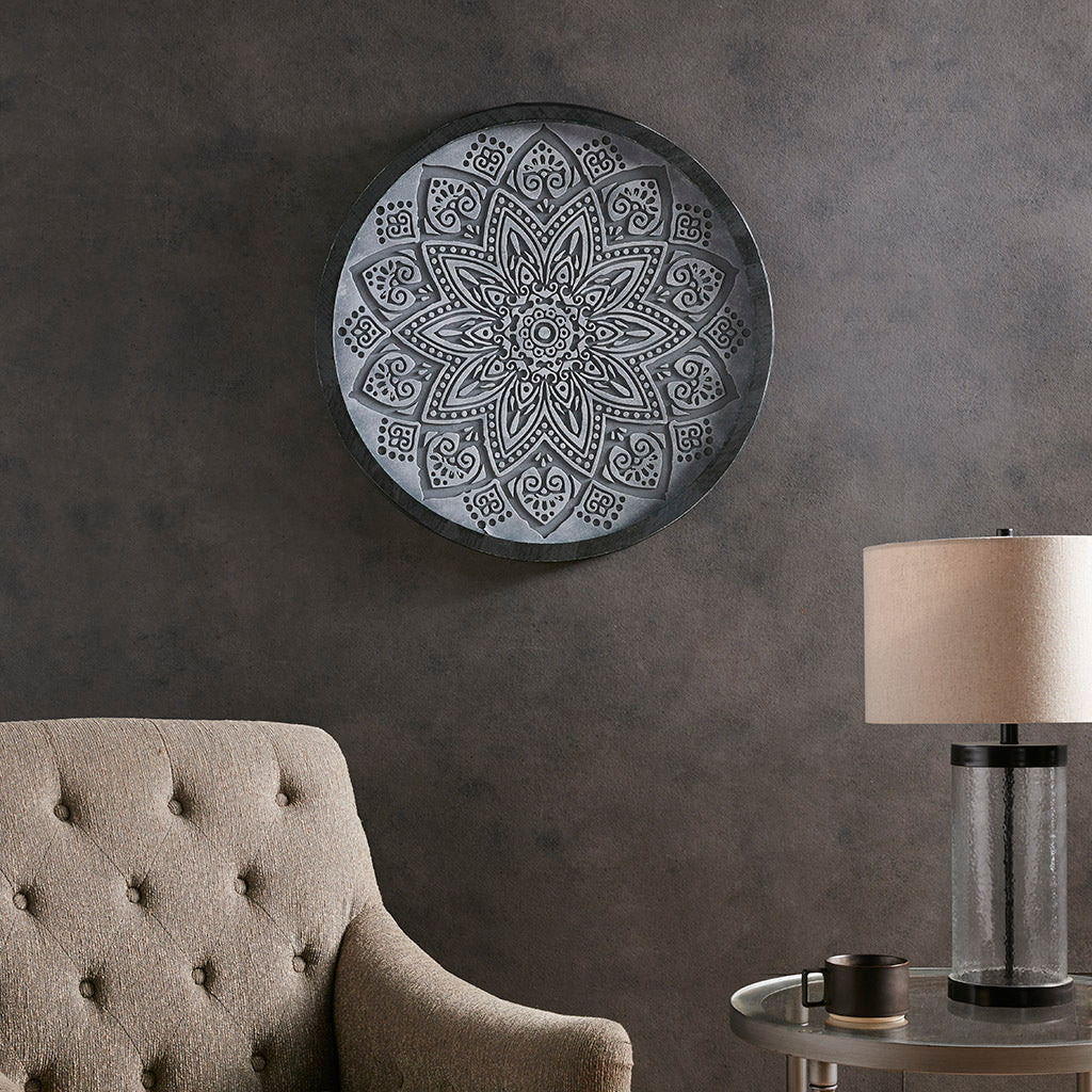 Grey Medallion Carved Wood Round Wall Decor