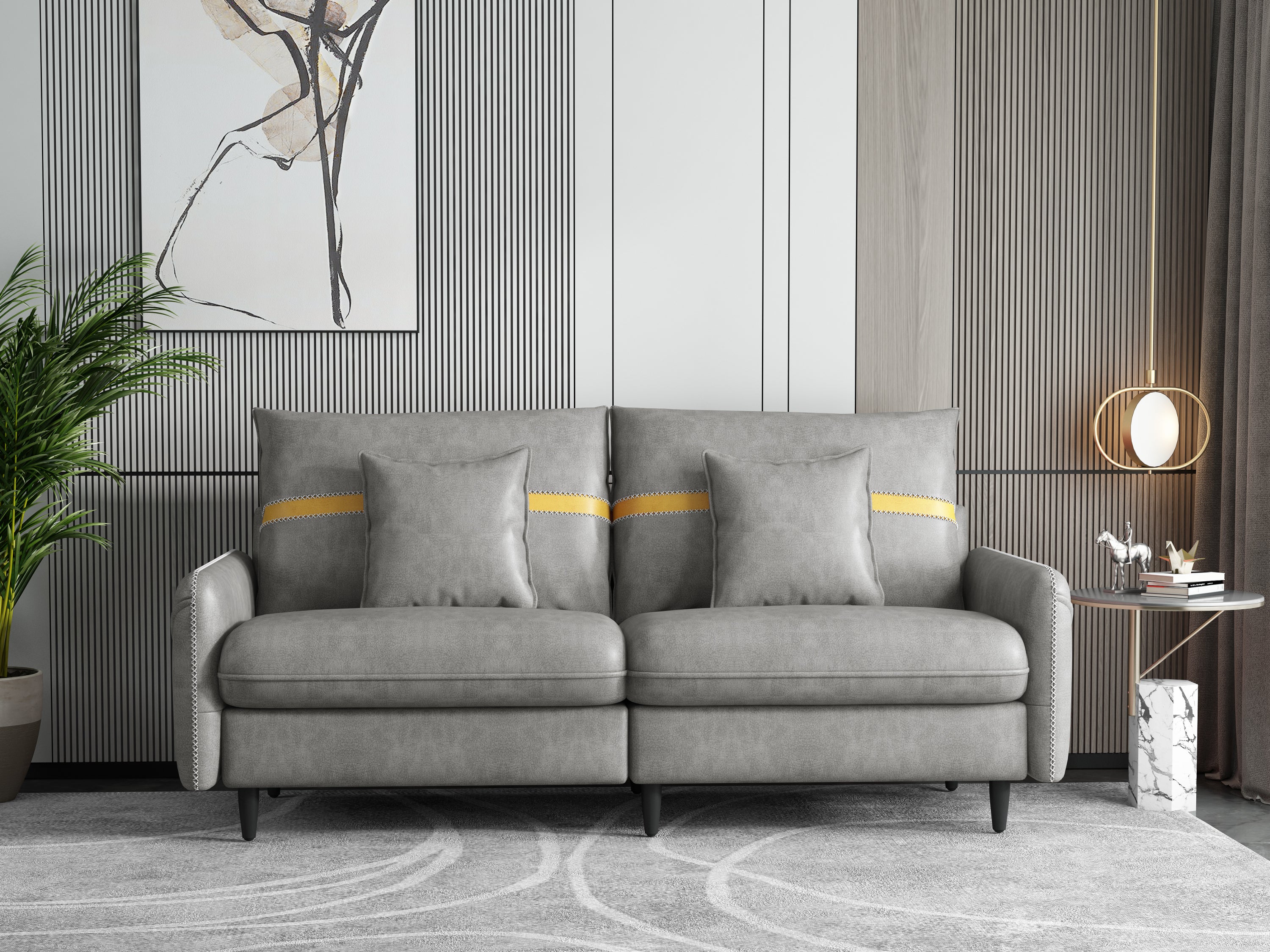 3-Seat Sofa Couch, Mid-Century Tufted Love Seat for Living Room, Bedroom, 2 Pillows Included,three-seater sofa - Gray