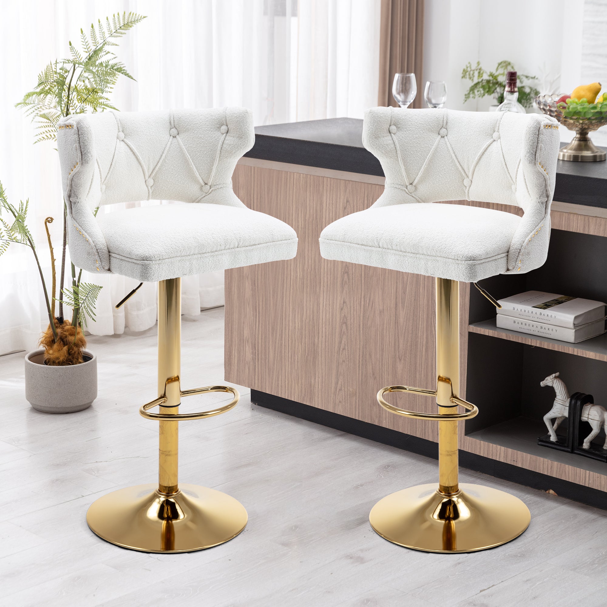 Bar Stools With Back and Footrest Counter Height Dining Chairs (Set of 2) - Boucle Cream