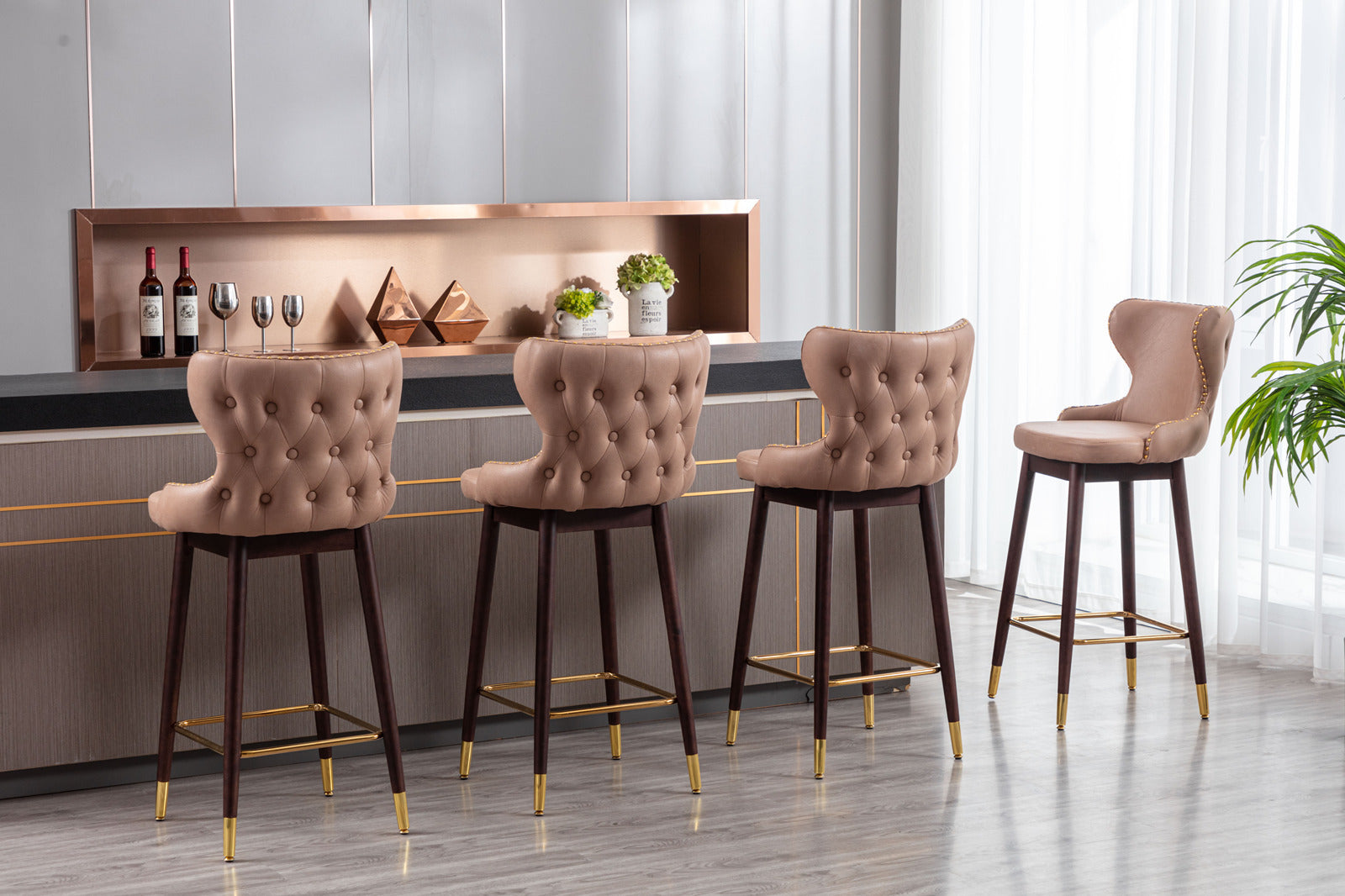Modern Leathaire Fabric bar chairs, Tufted Gold Nailhead Trim Gold Decoration Bar stools (Set of 2) - Khaki