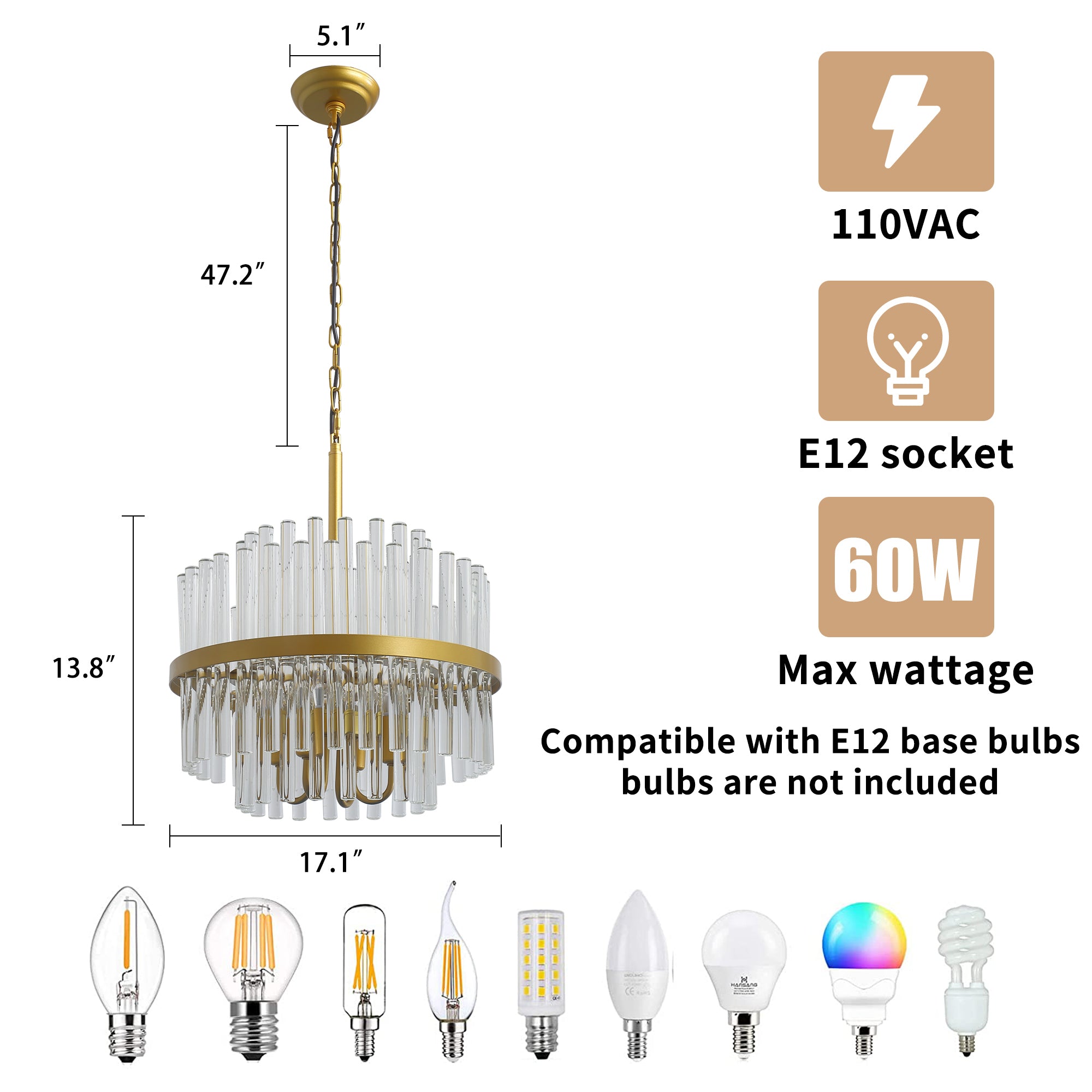 Modern American cylindrical crystal chandelier-4 bulbs -E12 lamp holder