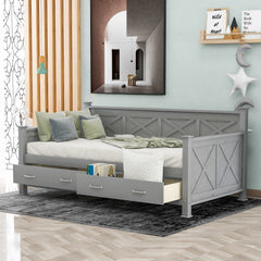 Twin Size Daybed with 2 Large Drawers, X-shaped Frame, Modern and Rustic Casual Style - Grey
