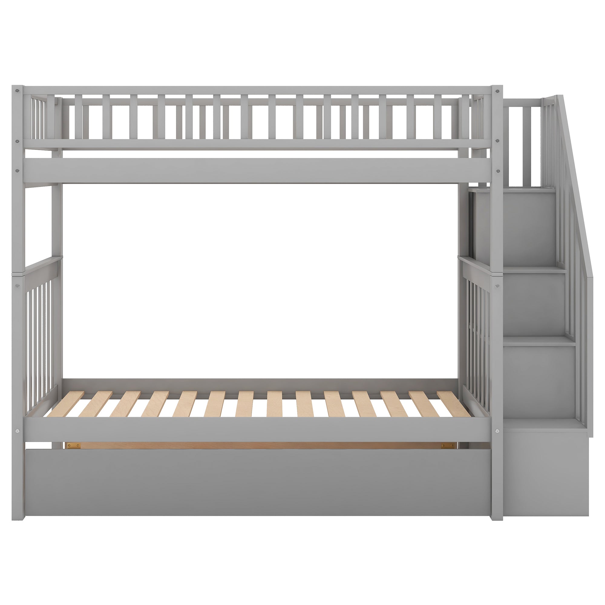 Twin over Twin Bunk Bed with Trundle and Storage -  Gray