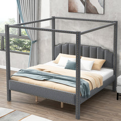 King Size Upholstery Canopy Platform Bed with Headboard - Gray