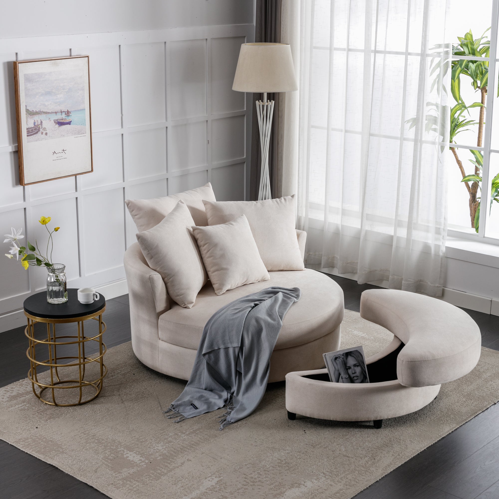 Modern 360° Swivel Accent Barrel Chair with Storage Ottoman & 4 Pillows - Linen Creamy White
