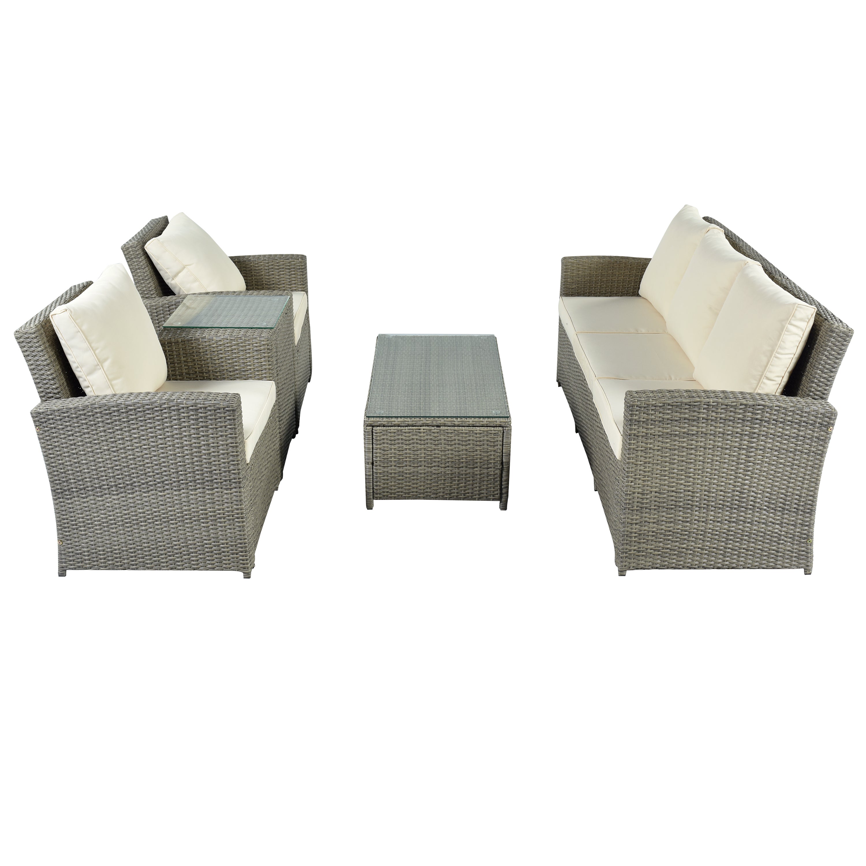 5 Piece Rattan Sectional Seating Group with Cushions and table, Patio Furniture Sets, Outdoor Wicker Sectional - Beige
