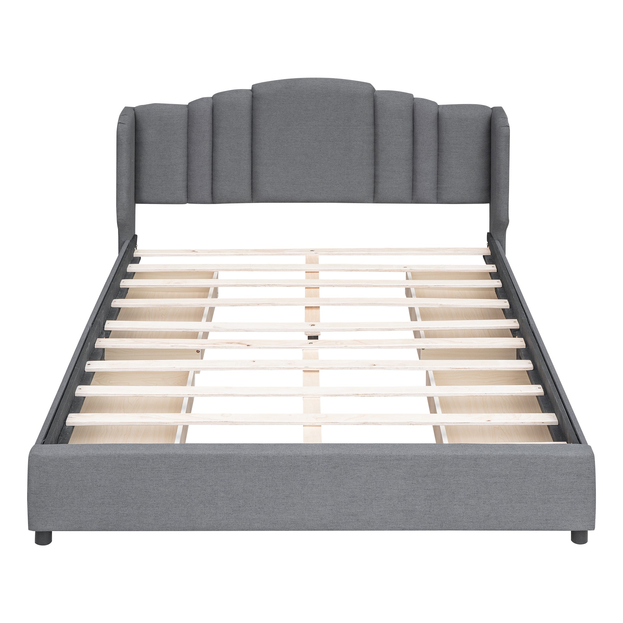Queen Bed Upholstered Platform with Wingback Headboard and 4 Drawers - Grey