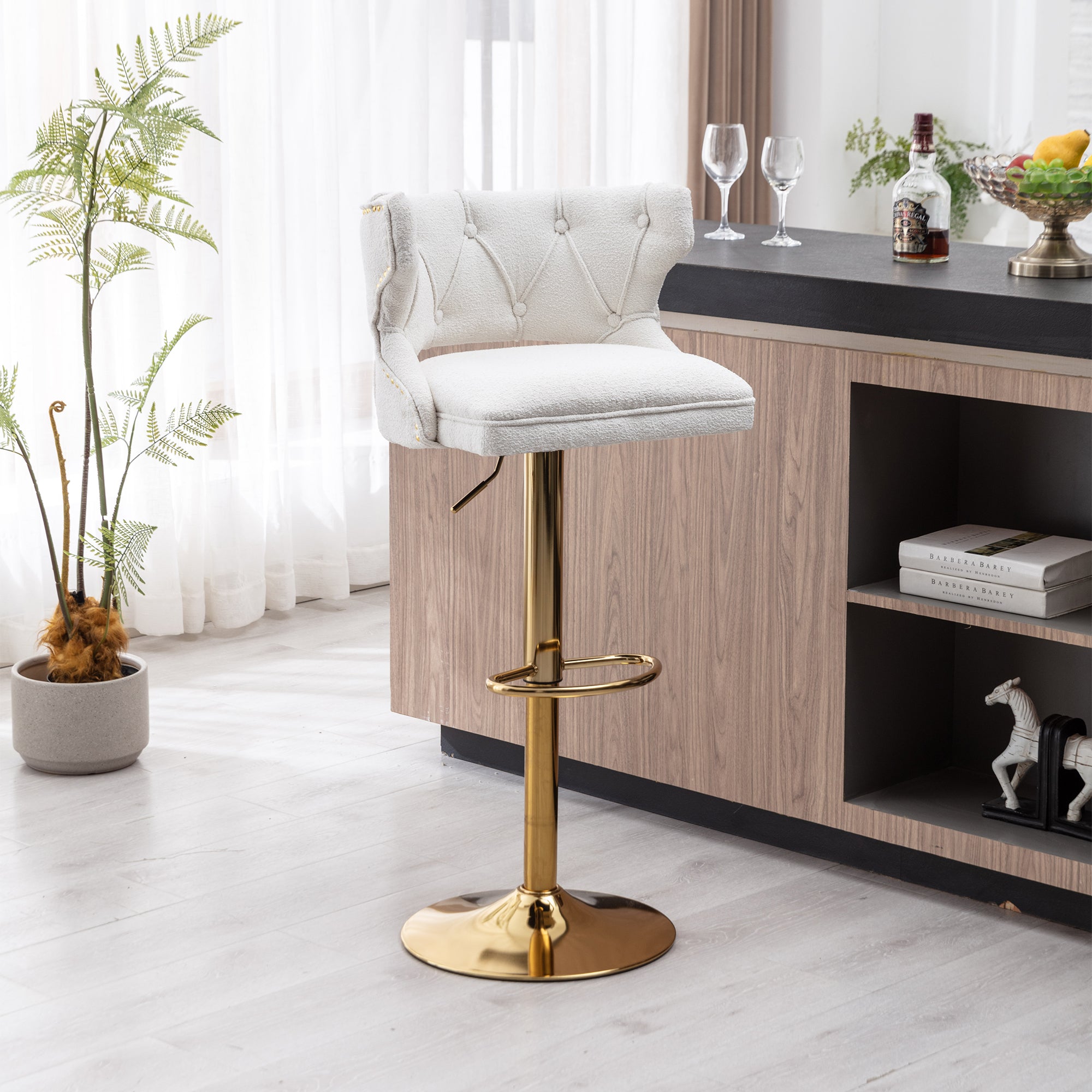 Bar Stools With Back and Footrest Counter Height Dining Chairs (Set of 2) - Boucle Cream