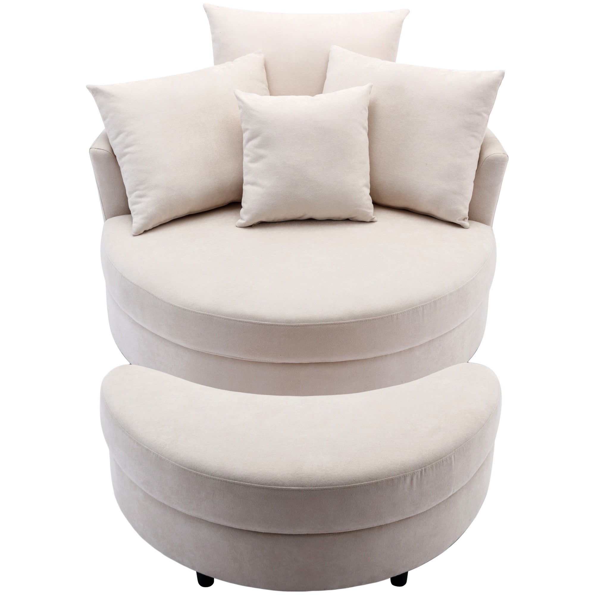 Modern 360° Swivel Accent Barrel Chair with Storage Ottoman & 4 Pillows - Linen Creamy White