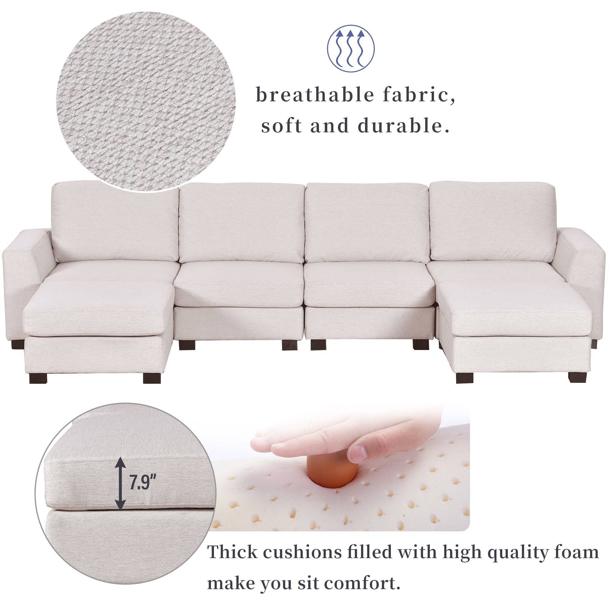 MAICOSY 3 Pieces U Shaped Sectional Sofa Sleeper with Removable Ottomans, Beige