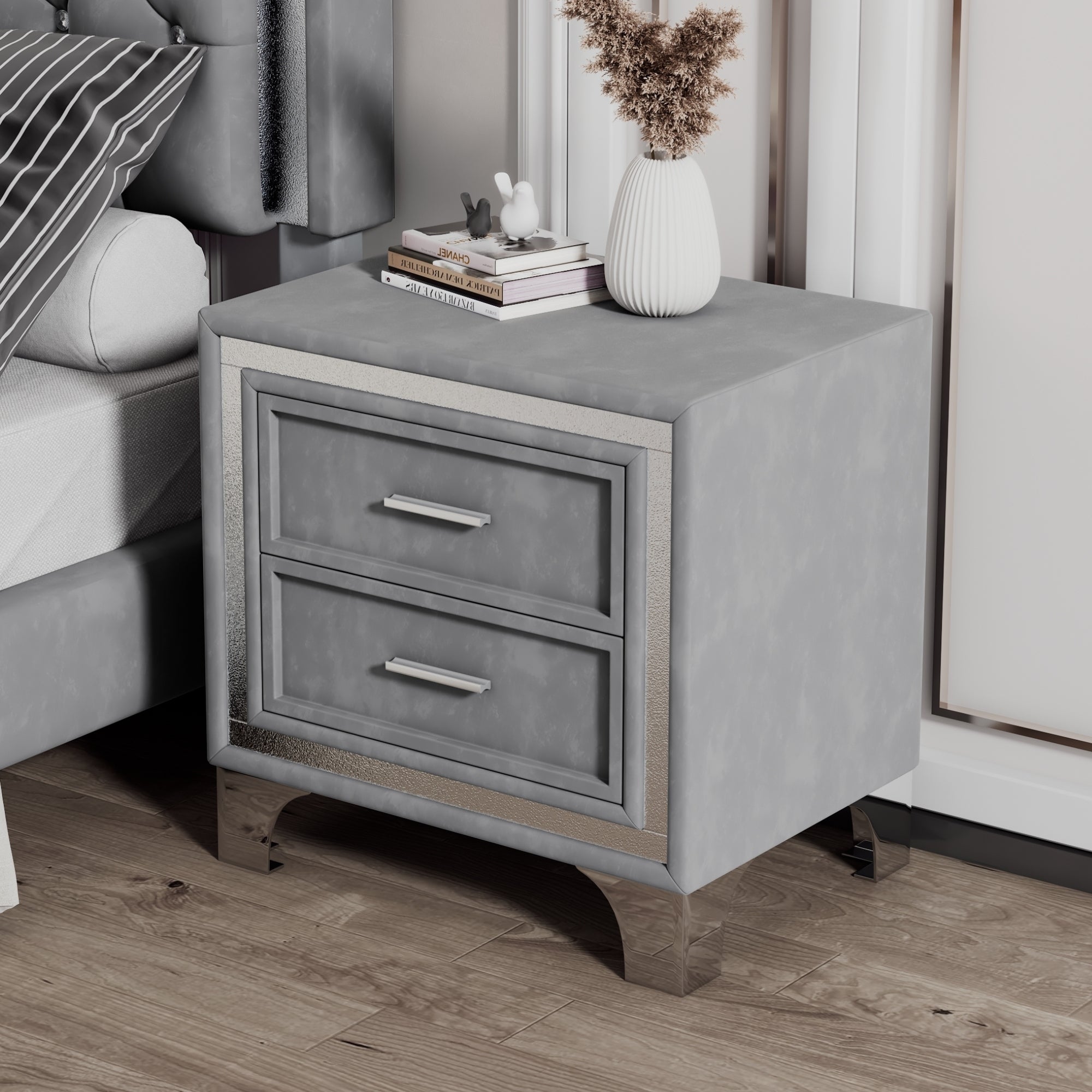 2-Drawer Nightstand with Metal Legs for Bedroom Velvet Bedside Table-Gray