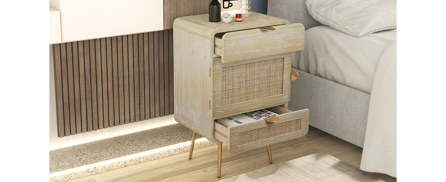LAGO Natural Wooden Nightstand with Rattan Panel