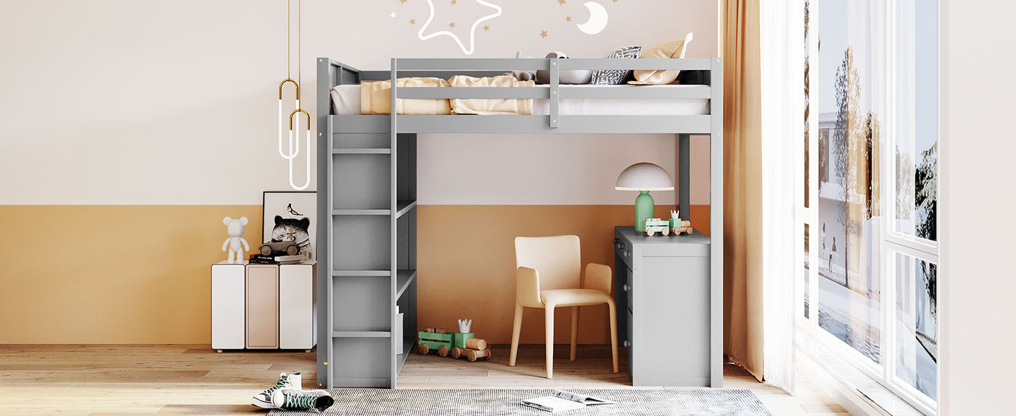 Full Size Loft Bed with Ladder, Shelves and Desk - Gray