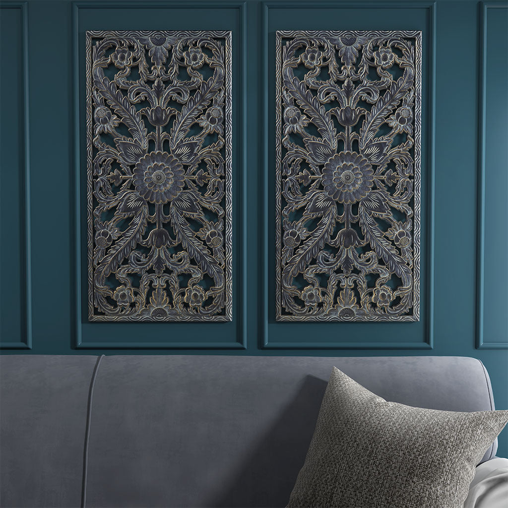 Botanical Panel Distressed Carved Wood 2-piece Wall Decor Set - Antique Blue