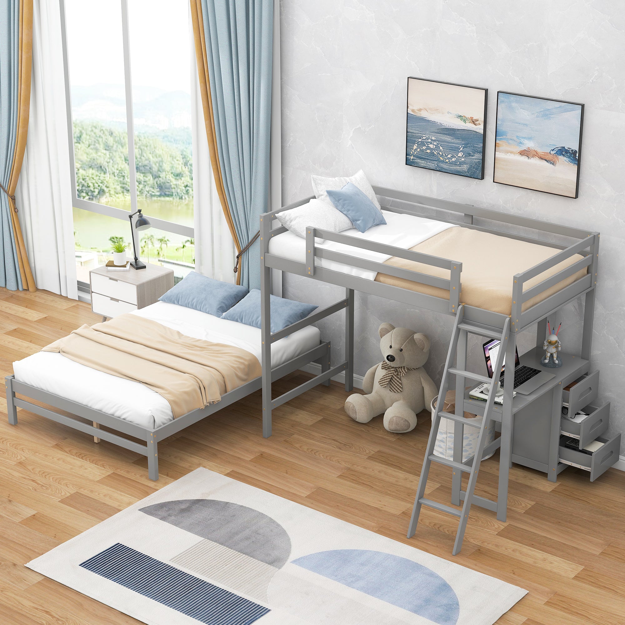 Twin over Full Bunk Bed with Built-in Desk and Three Drawers - Grey