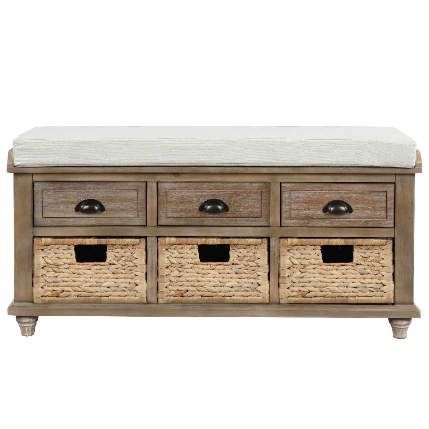 Rustic Storage Bench with 3 Drawers and 3 Rattan Baskets- White Washed