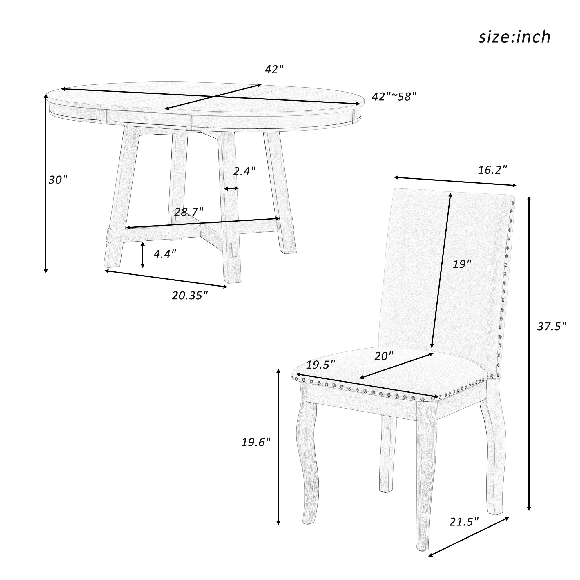 5-Piece Farmhouse Dining Table Set Wood Round Extendable Table and 4 Upholstered Chairs - Natural Wood Wash