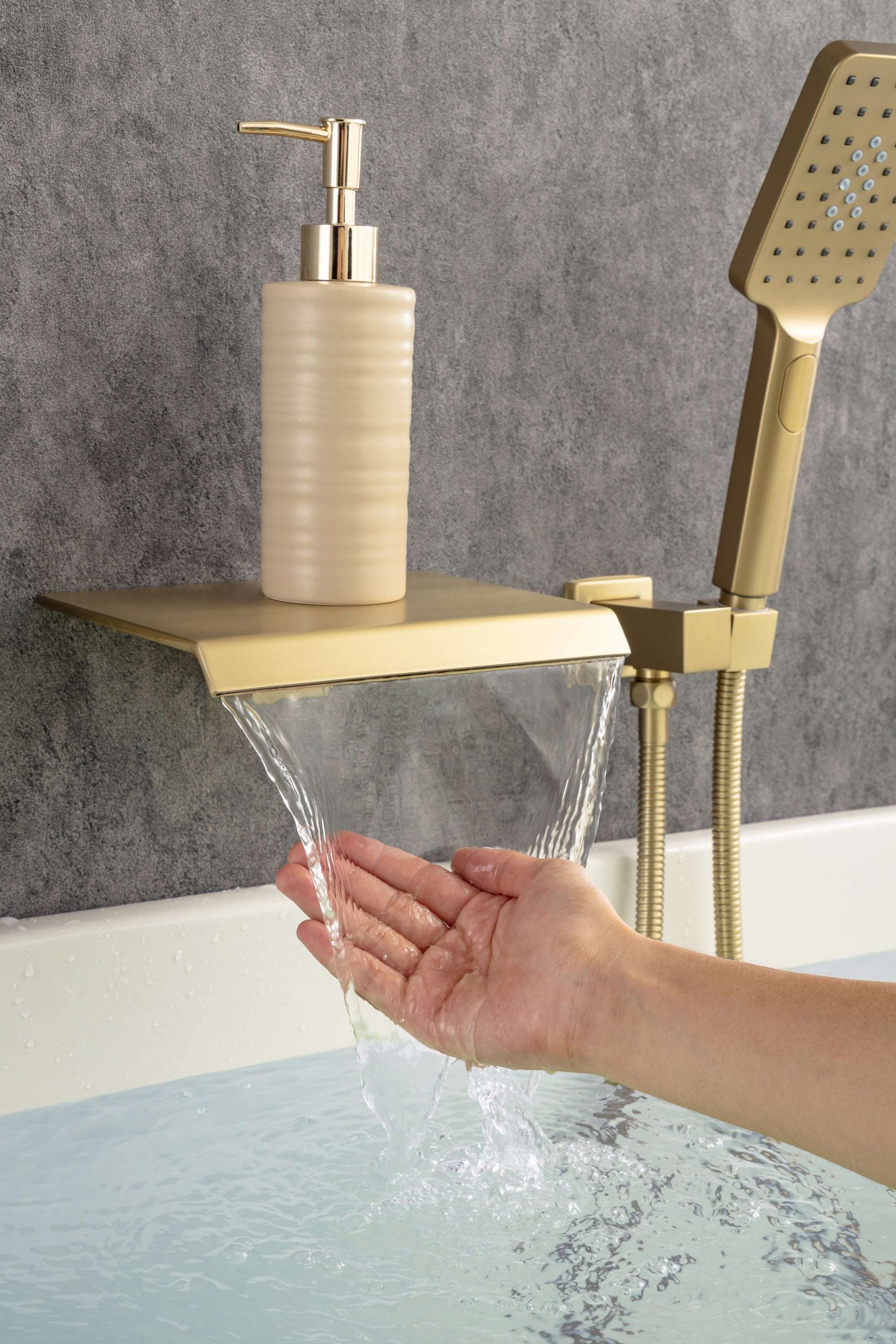 Waterfall Tub Faucet Wall Mount Roman Tub Filler Chrome Single Handle Brass Bathroom Bathtub Faucet with Hand Shower - Gold