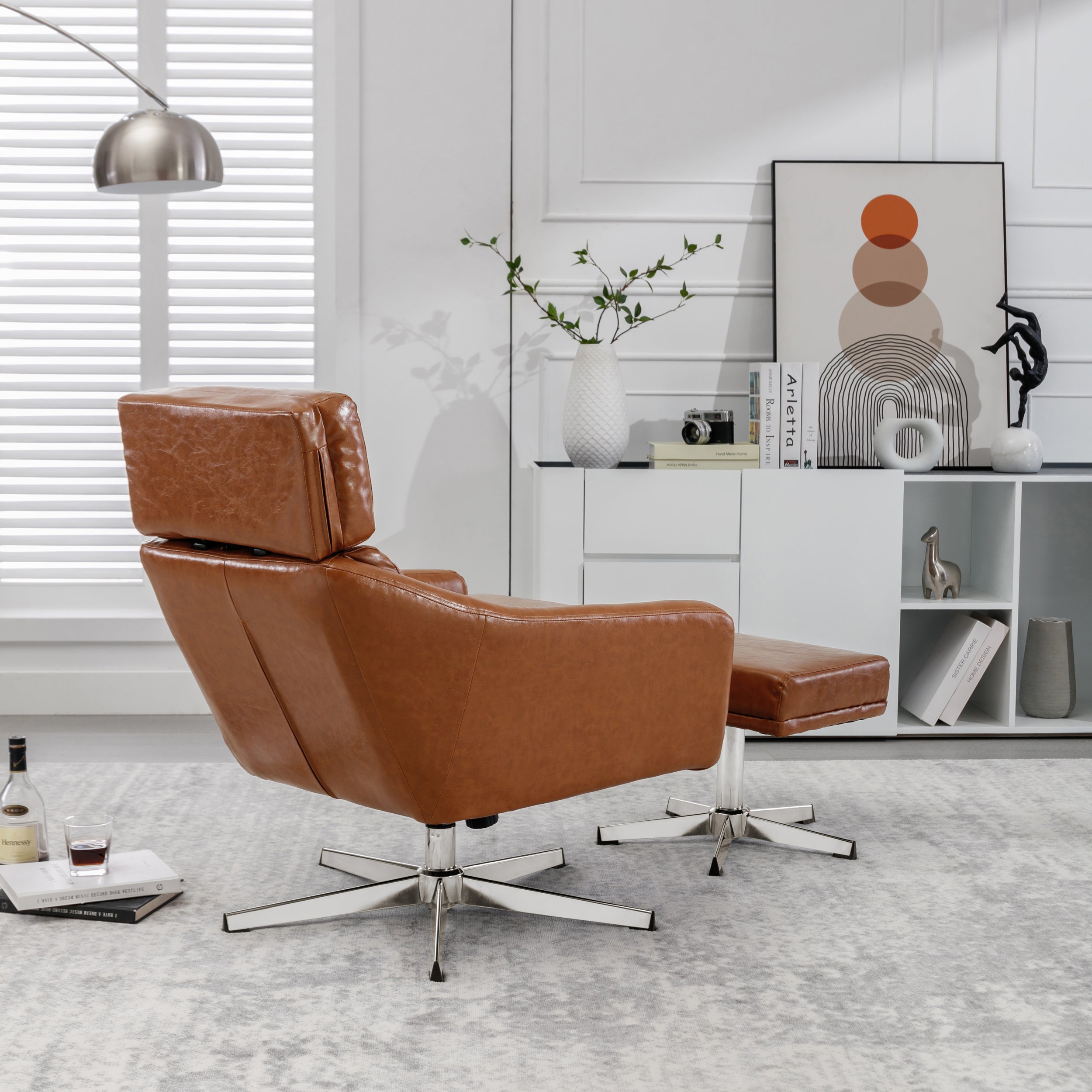 PU Leather Swivel Armchair with Ottoman - Brown