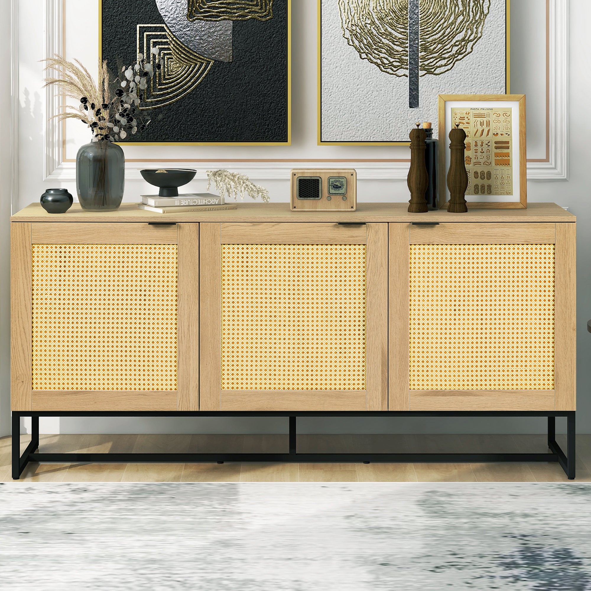Wicker Sideboard Storage Cabinet 63 inch, with 3 doors - Natural color
