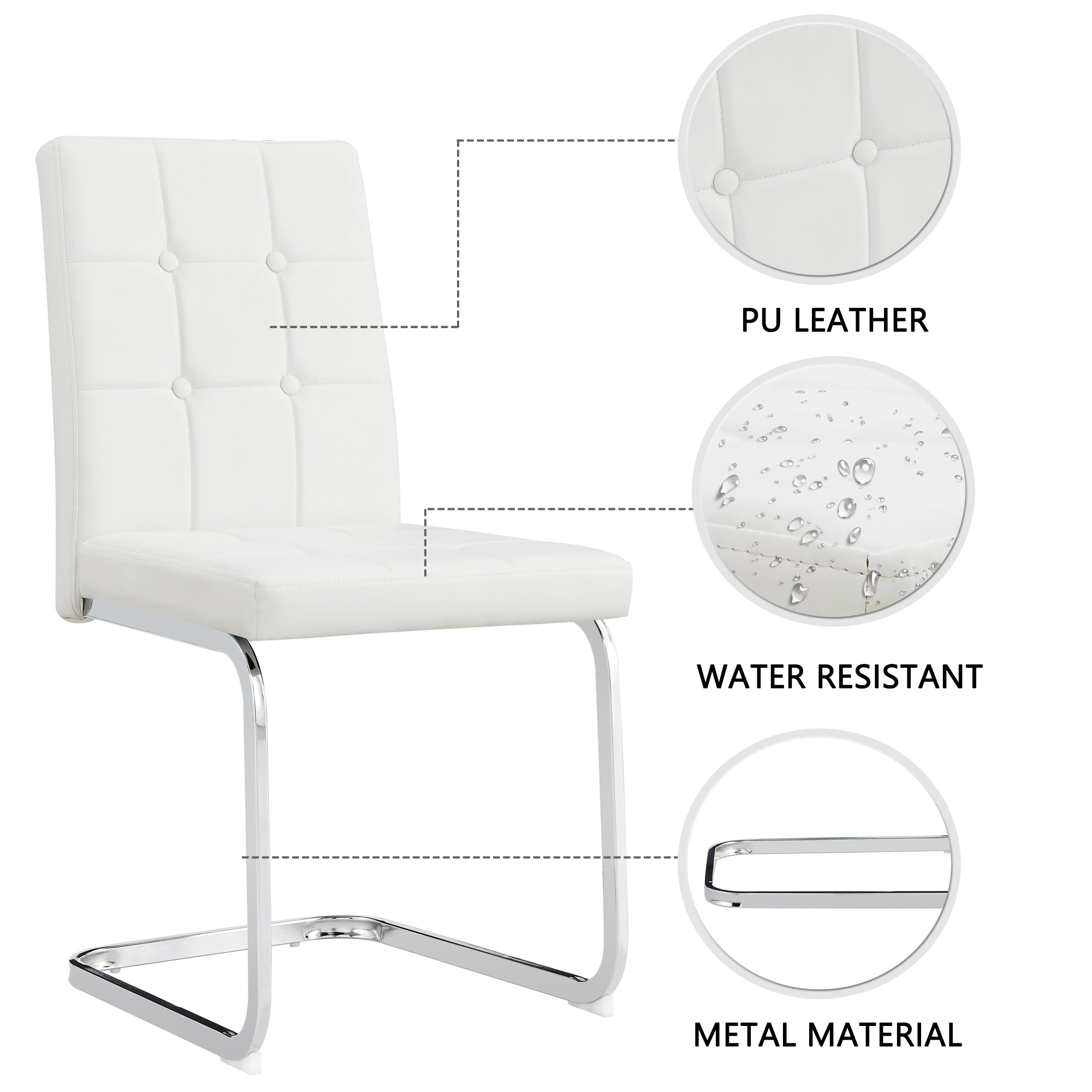 Modern Style Dining Chairs with Inset Buttons, C-shaped Tube Plating Metal Legs (Set of 2) - White