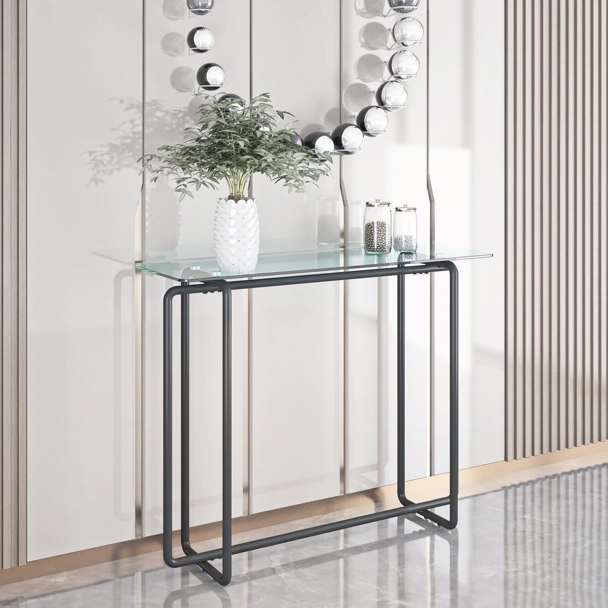 Console Table Single Layer Tempered Glass Rectangular Porch Table Black Leg -Transparent