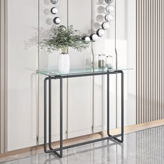 Console Table Single Layer Tempered Glass Rectangular Porch Table Black Leg -Transparent
