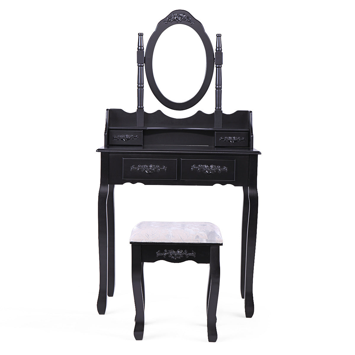 Makeup Vanity Table Dressing Table with 360-degree-rotating Mirror and 4 Drawers, Thick Padded Stool - Black