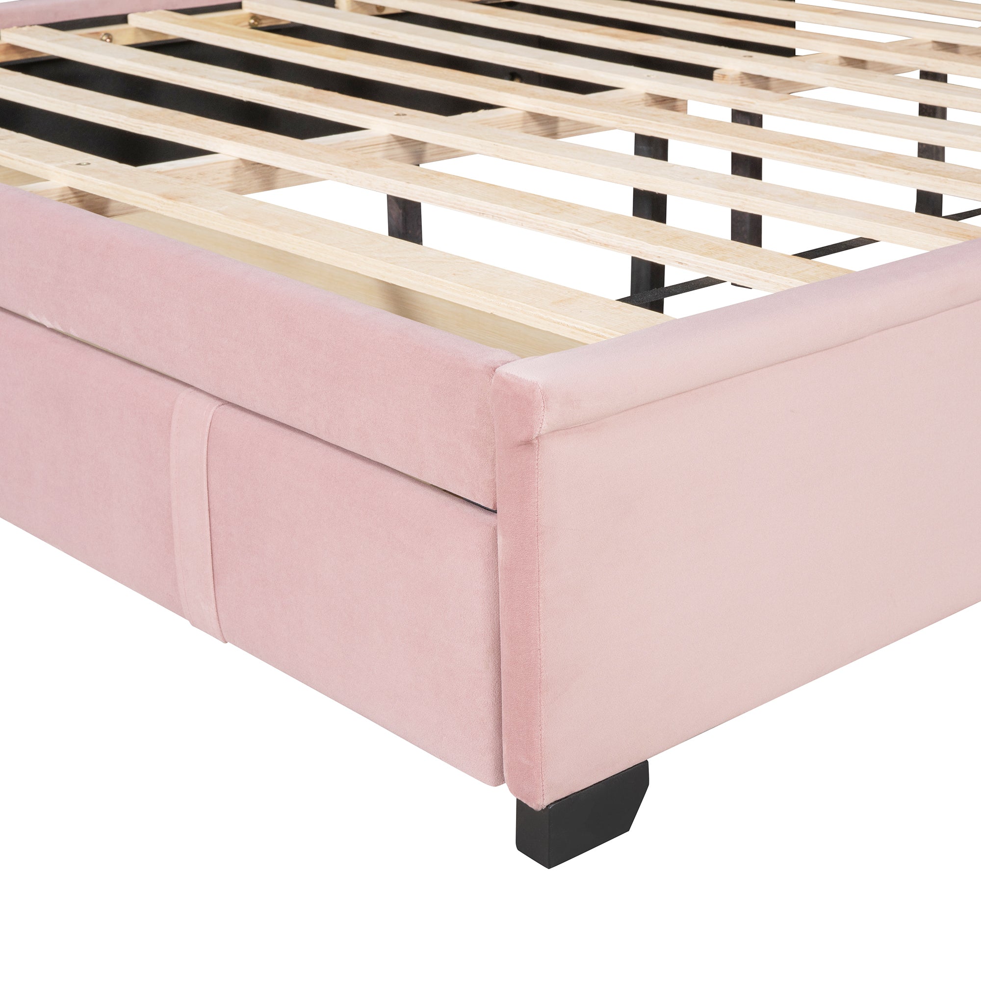 Queen Size Storage Bed Velvet Upholstered Platform Bed with Wingback Headboard and a Big Drawer - Pink