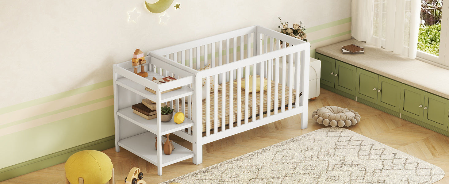 Convertible Crib/Full Size Bed with Changing Table - White