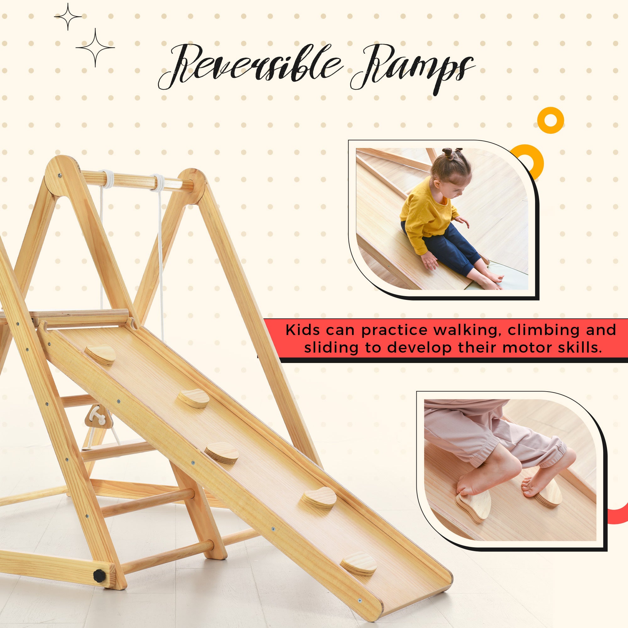 Wooden Swing and Slide Set Indoor Foldable Climbing Playground Play set for Kids/Toddlers