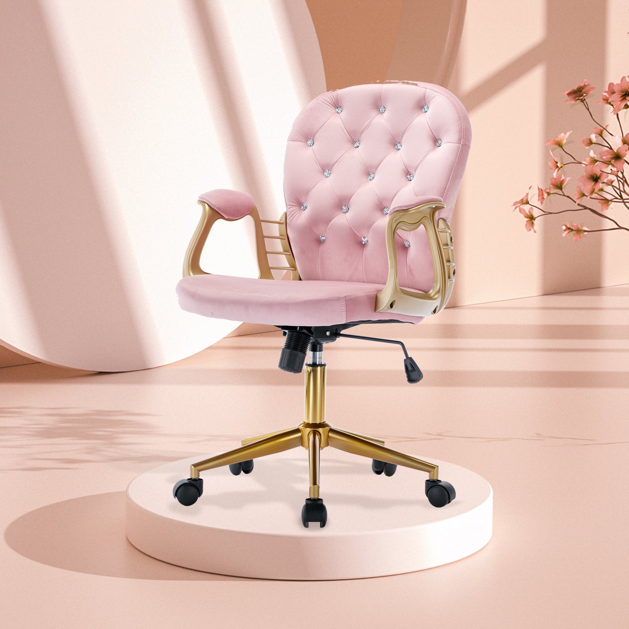 Velvet Home Office Chair with Wheels - Pink