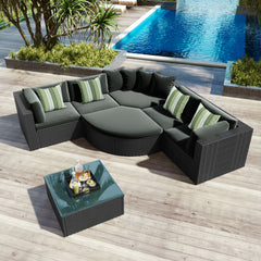 7-piece Outdoor Wicker Sofa Set, Rattan Sofa Lounger, With Striped Green Pillows- Black Wicker + Gray Cushion