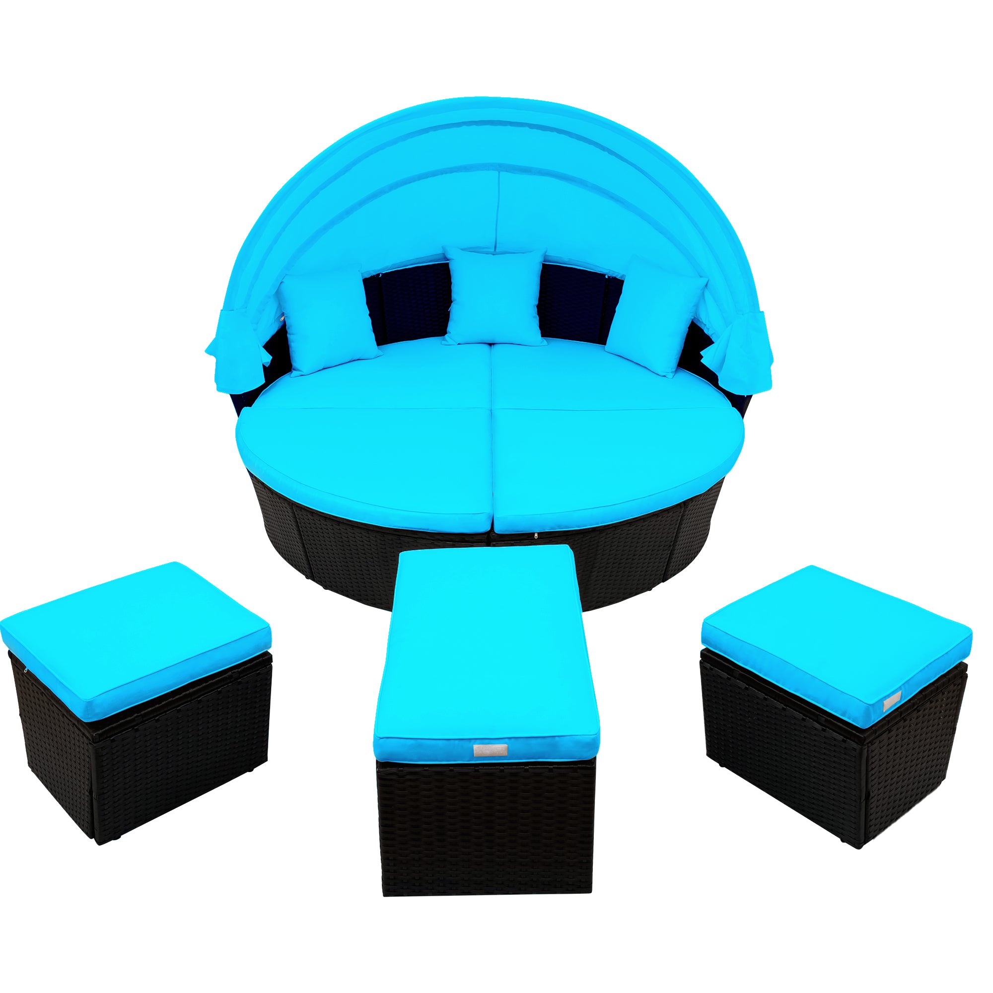 Outdoor rattan daybed sunbed with Retractable Canopy Wicker Furniture, Round Outdoor Sectional Sofa Set, Black Wicker Furniture Clamshell  Seating with Washable Cushions - Blue