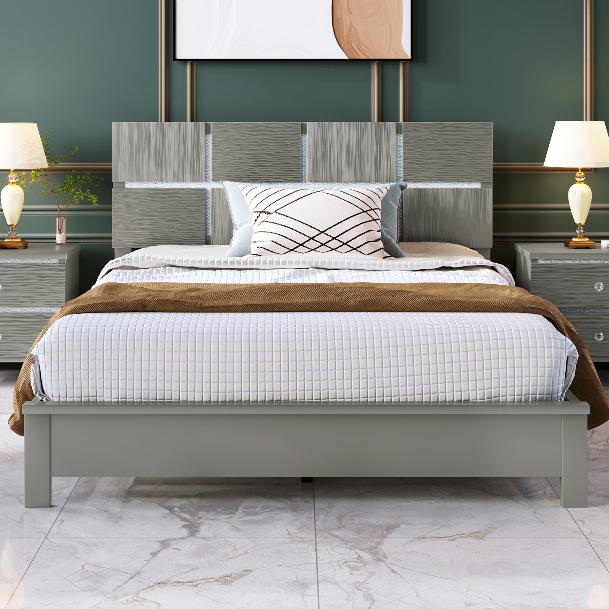 Queen Size Champagne Silver Platform Bed Solid Rubber Wood Frame and Legs - Champagne