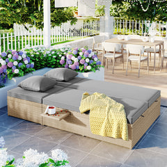 Outdoor Double Sun bed, Wicker Rattan Patio Reclining Chairs with Adjustable Backrest and Seat - Brown