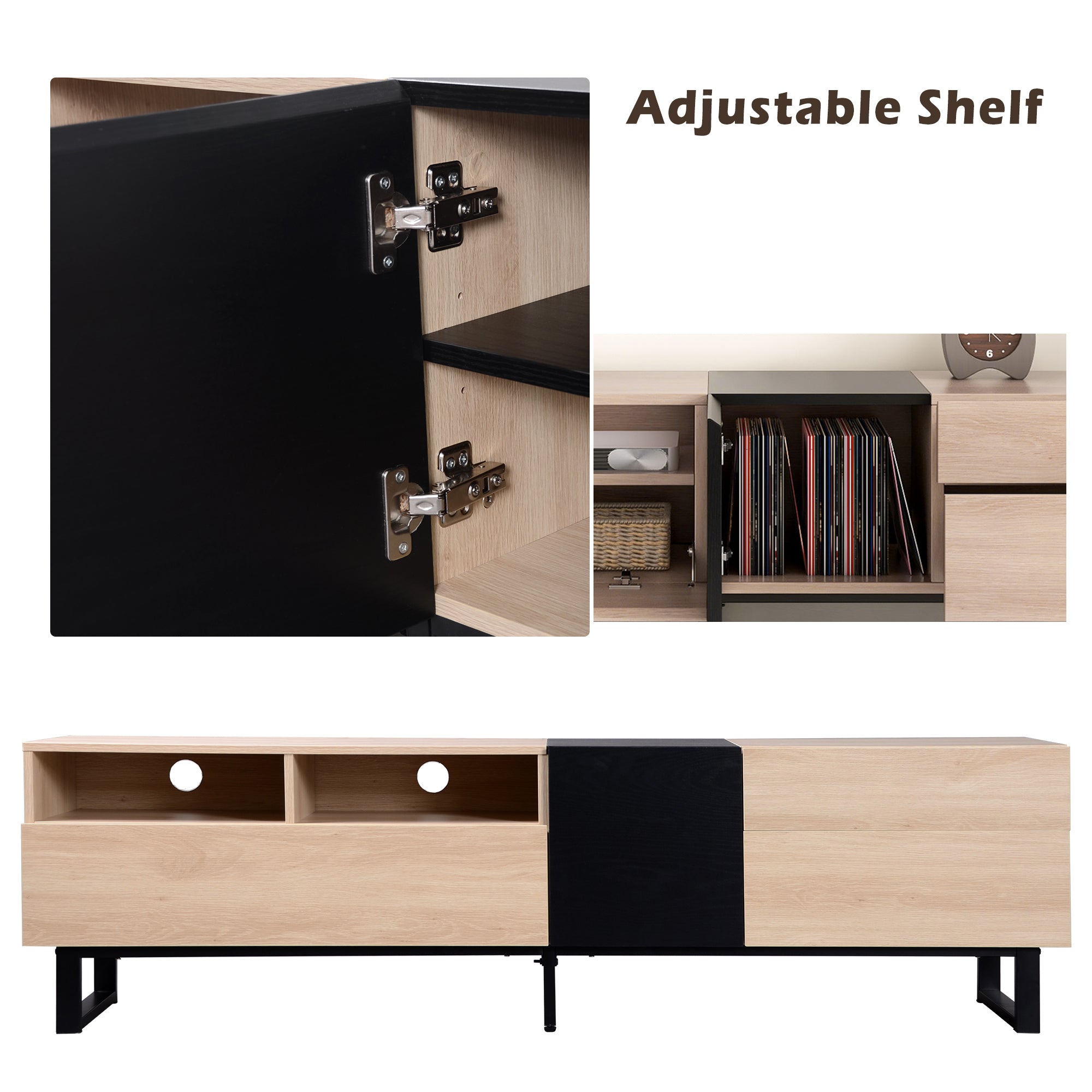 Modern TV Stand for 80'' TV with Double Storage Space - Natural Wood