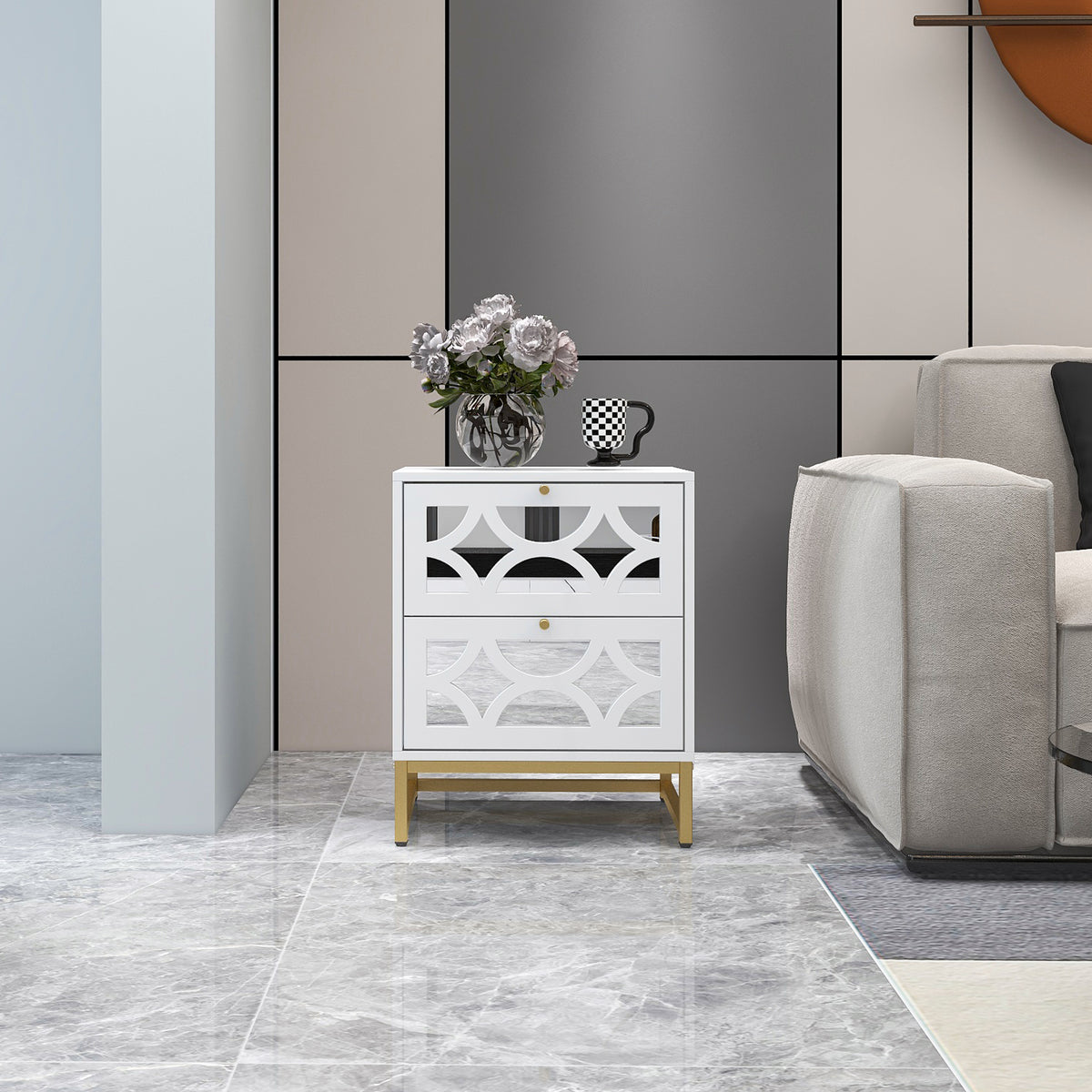 Small Bedside Table with 2 Drawers, White Mirrored Nightstand, with Gold Legs
