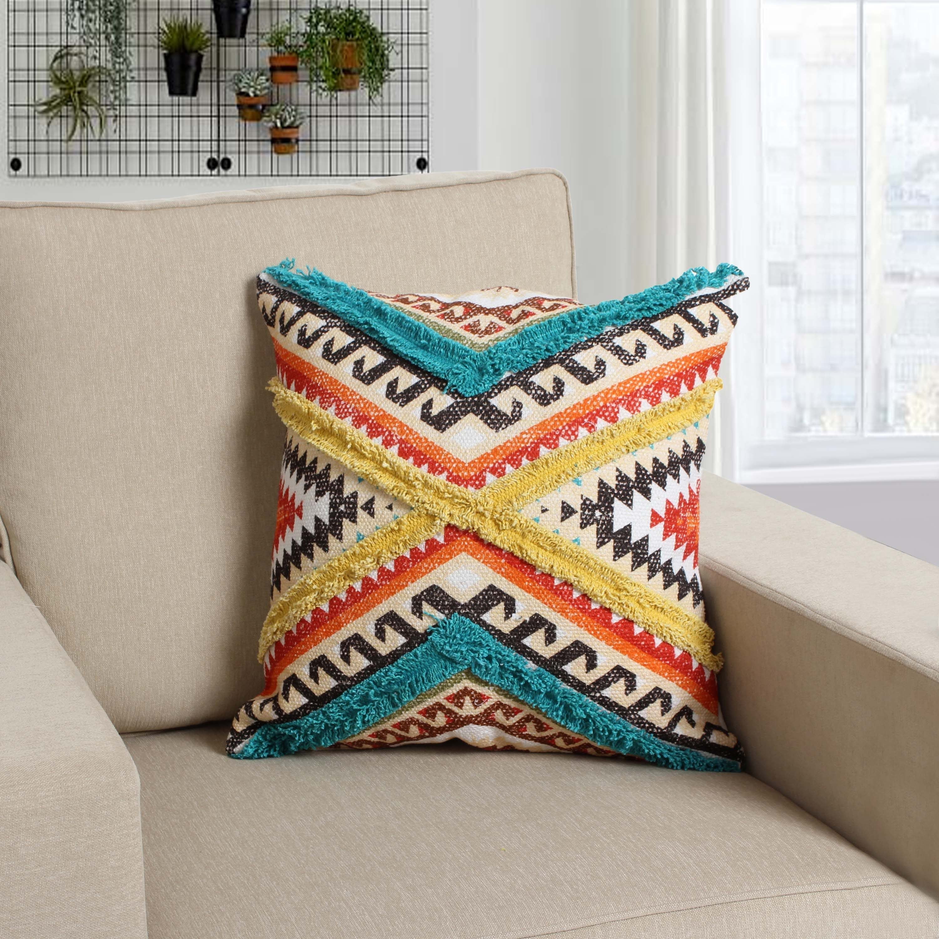 Square Cotton Accent Throw Pillow, Aztec Tribal Inspired Pattern, Trimmed Fringes 18x18" - Multicolor