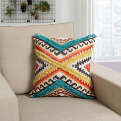 Square Cotton Accent Throw Pillow, Aztec Tribal Inspired Pattern, Trimmed Fringes 18x18" - Multicolor