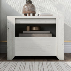 Wood Nightstand with Gray Wood Grain Sticker Surfaces One Drawer - Off White