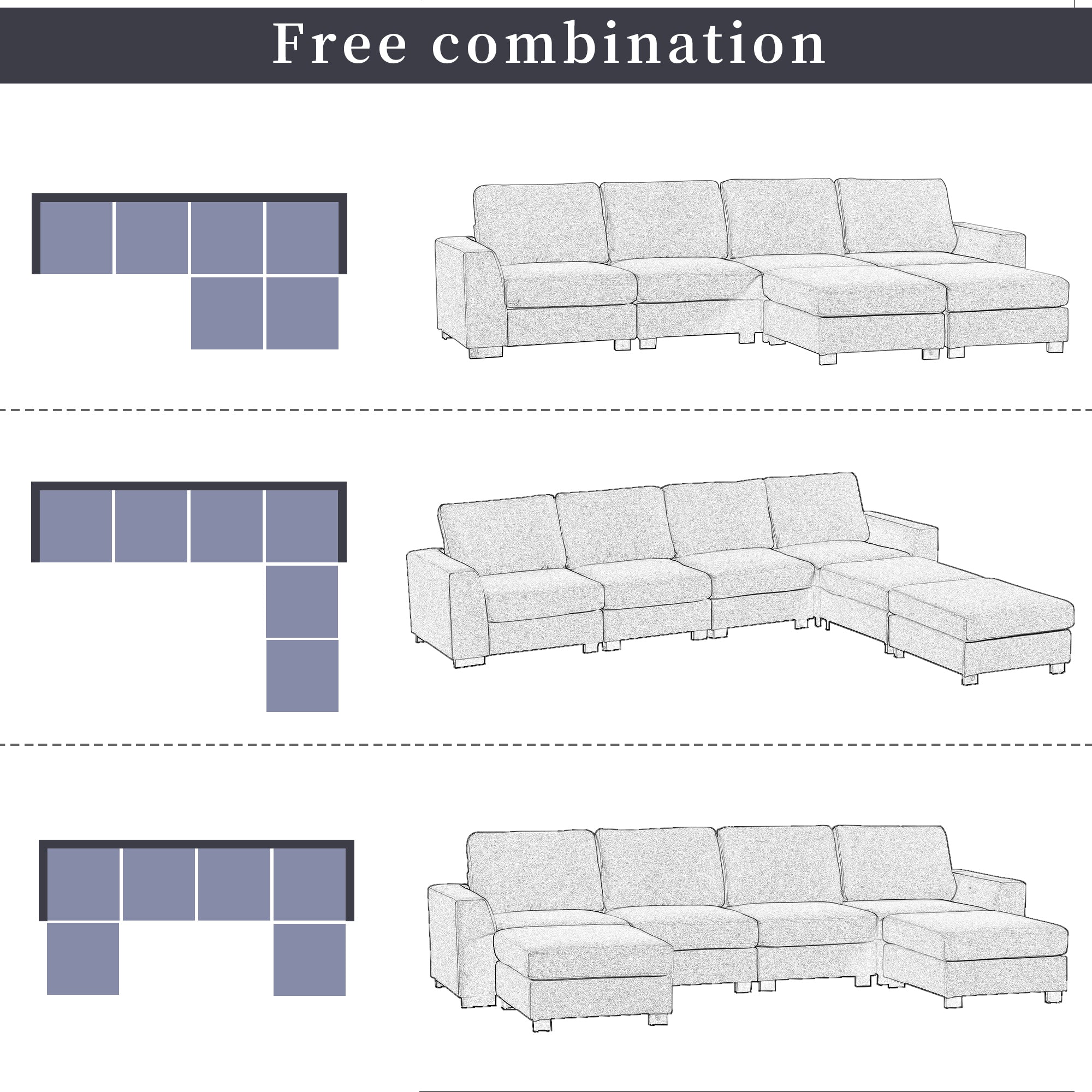 MAICOSY 3 Pieces U Shaped Sectional Sofa Sleeper with Removable Ottomans, Beige