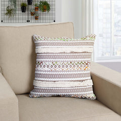 Handcrafted Square Jacquard Cotton Accent Throw Pillow, Vintage Applique Embroidery - Brown & White