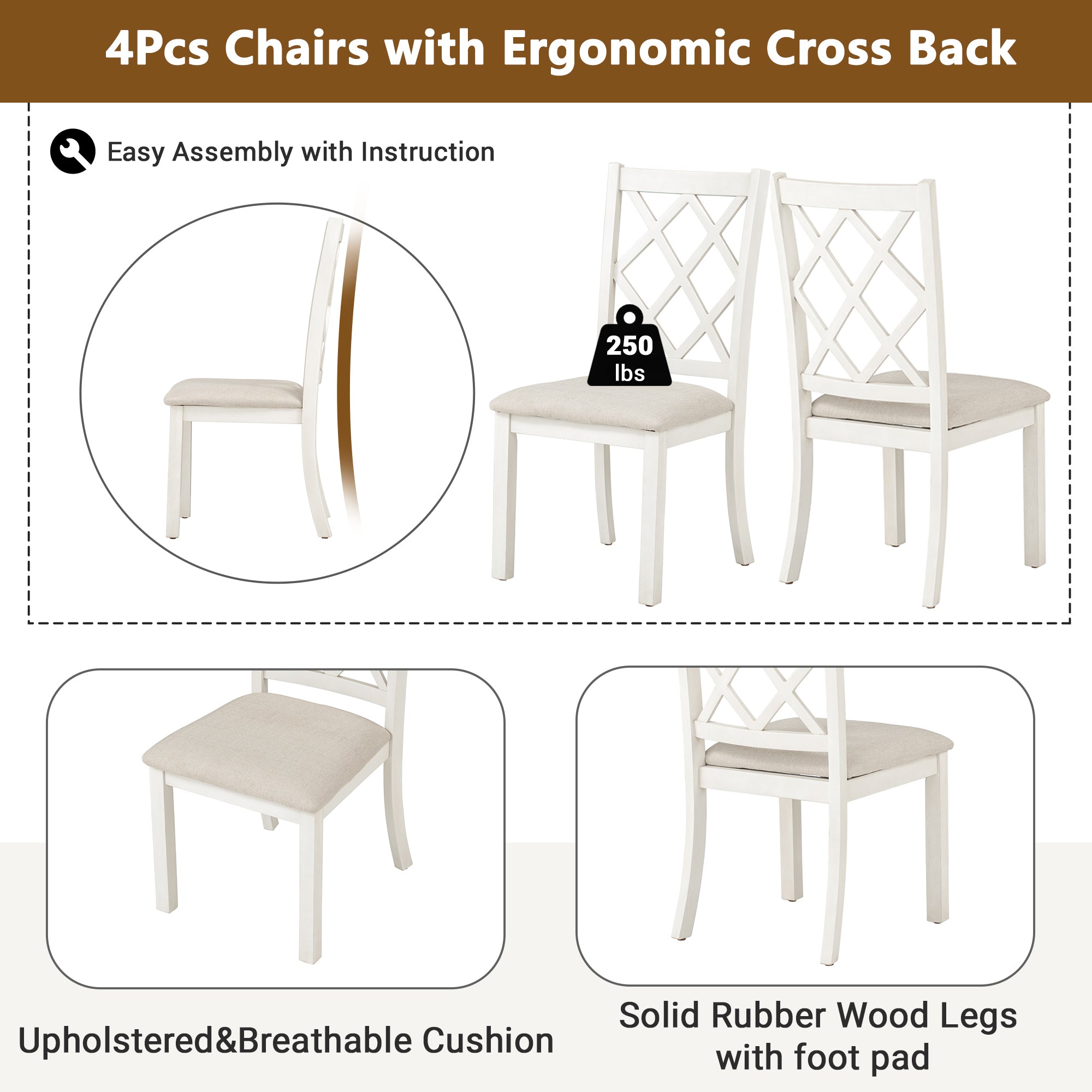 Solid Wood Upholstered Dining Chairs (Set of 4) - Beige