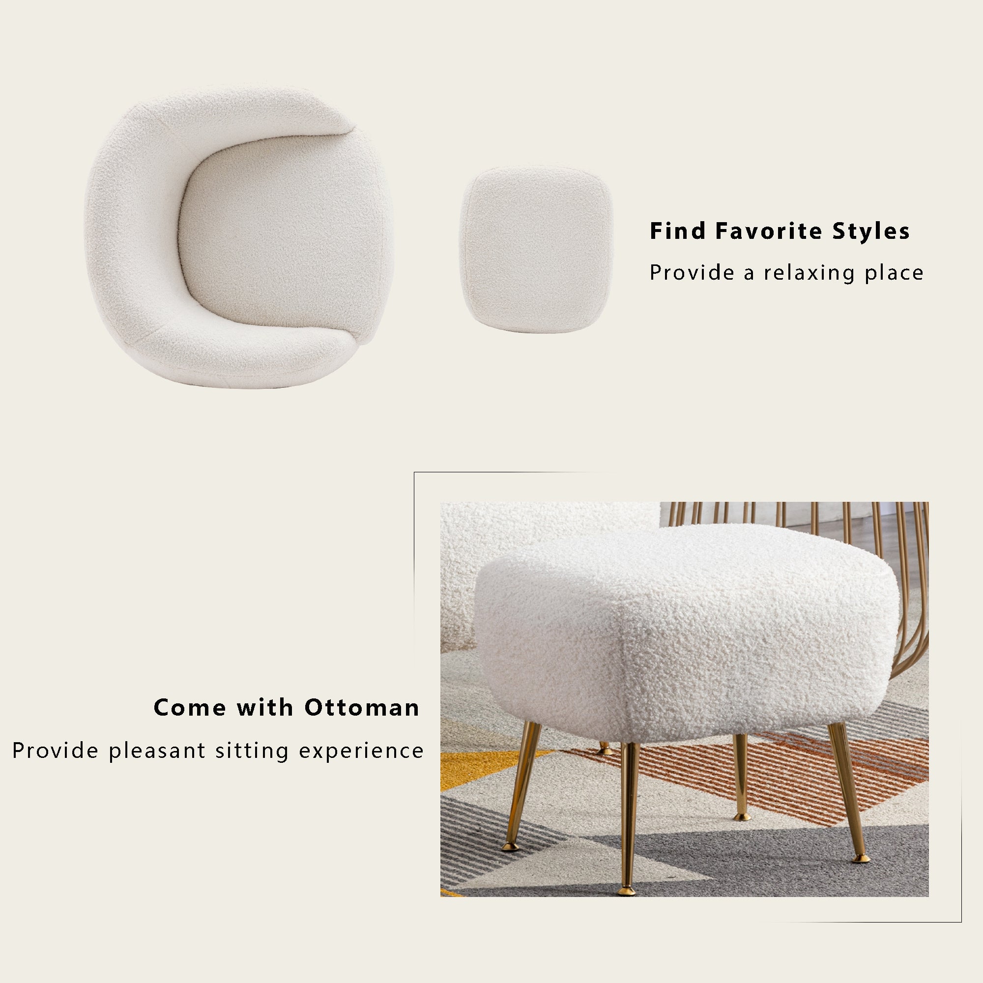 Modern Teddy Short Plush Comfy Armchair with Ottoman - White