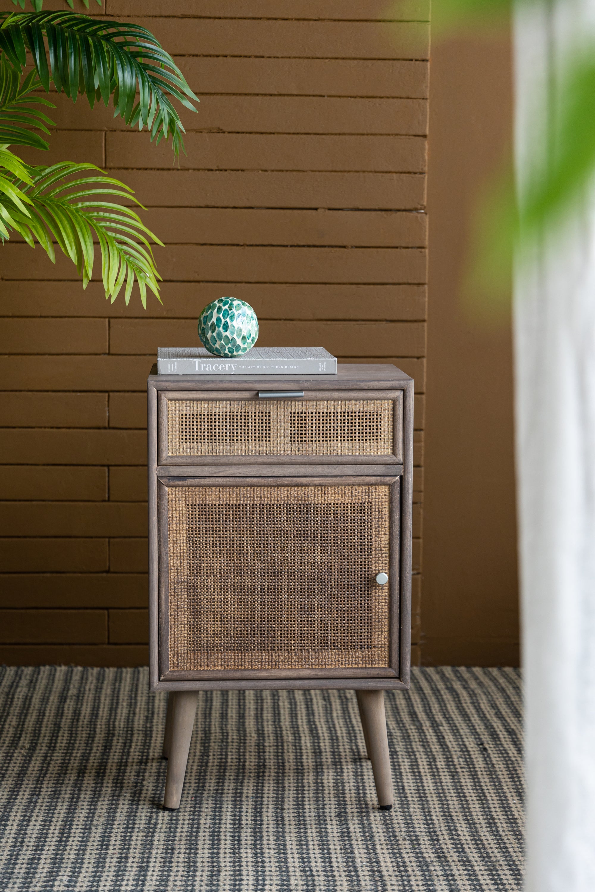 28"Tall Storage Cabinet with Grey Finished Surface Bohemian Handicraft Bedside Table with Drawer and Door