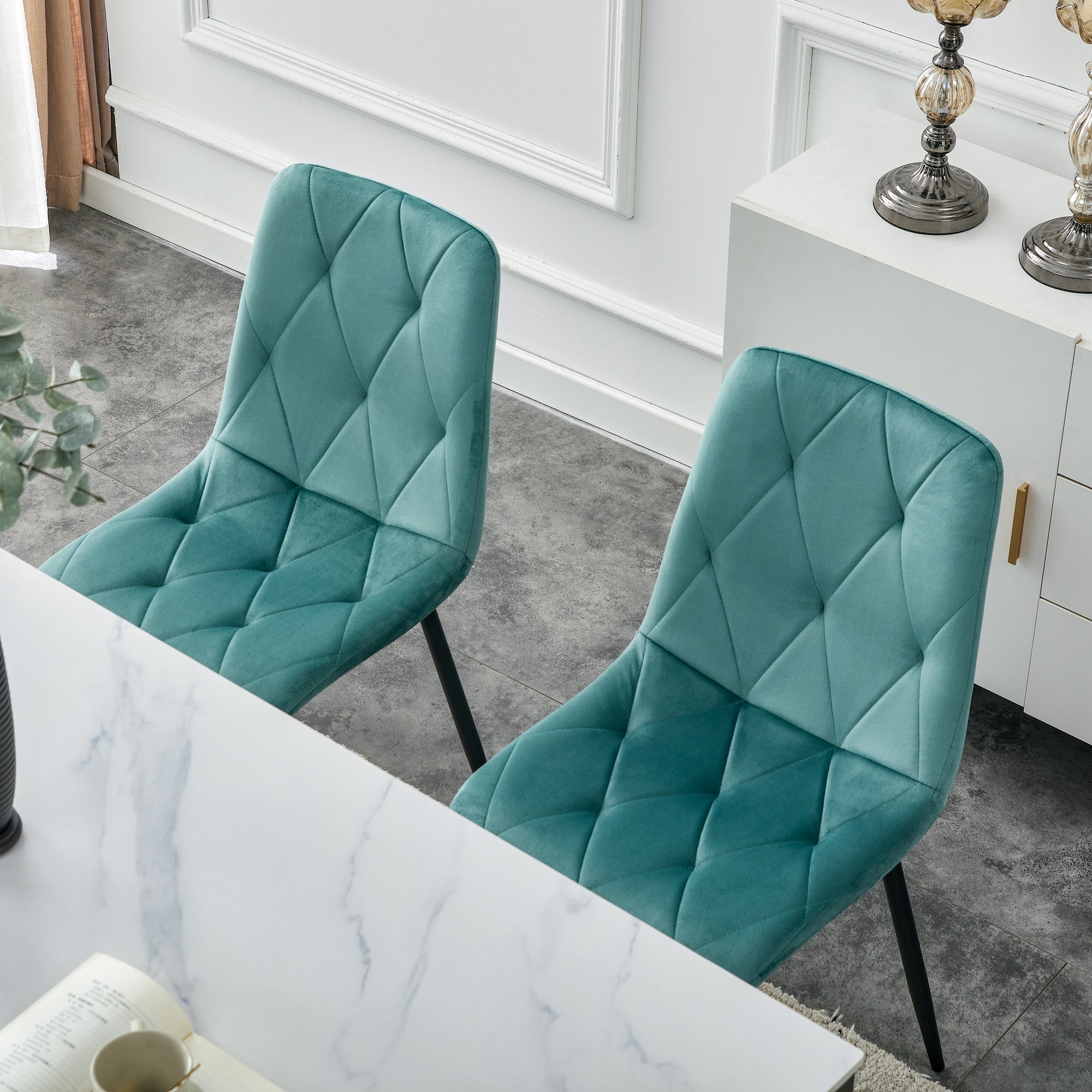 Modern Velvet Dining Chairs with Cushion Seat Back Black Coated Legs (Set of 4) - Antique Blue Green